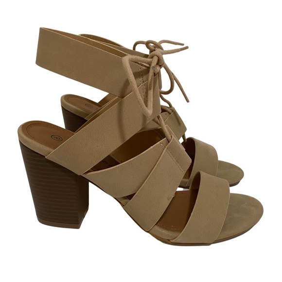Faux Suede Tan and Brown lace up block heel sandals - Picture 6 of 9